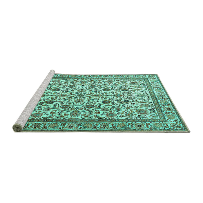 Sideview of Machine Washable Persian Turquoise Traditional Area Rugs, wshtr4209turq