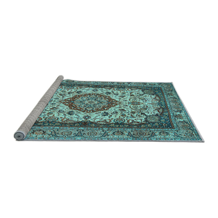 Sideview of Machine Washable Medallion Light Blue Traditional Rug, wshtr420lblu