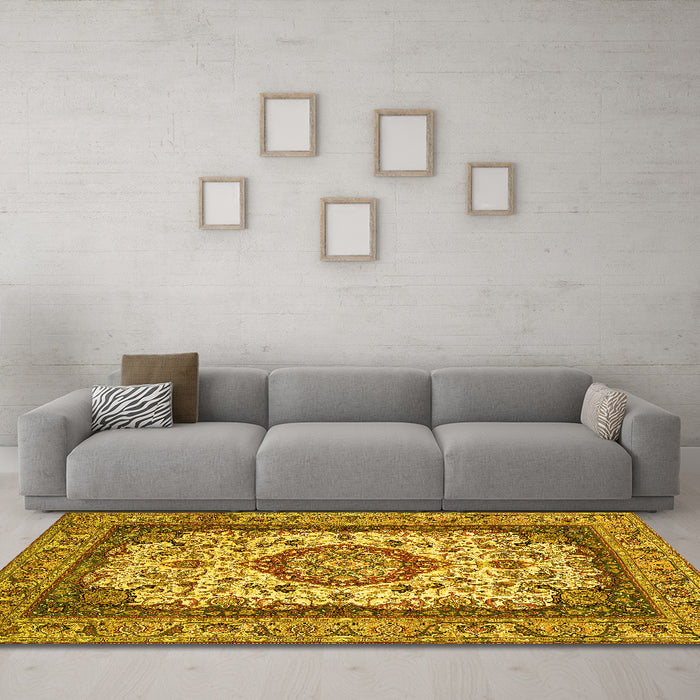 Machine Washable Medallion Yellow Traditional Rug in a Living Room, wshtr420yw