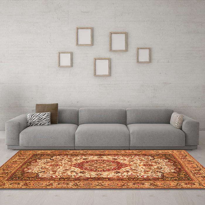 Machine Washable Medallion Orange Traditional Area Rugs in a Living Room, wshtr420org