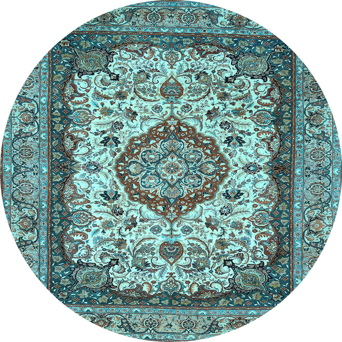 Round Machine Washable Medallion Light Blue Traditional Rug, wshtr420lblu