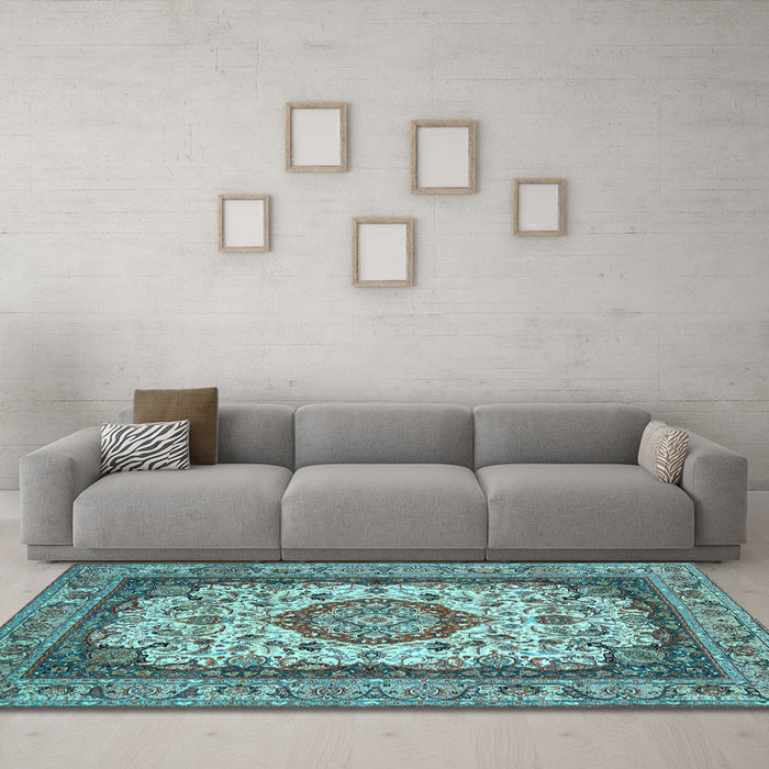 Machine Washable Medallion Light Blue Traditional Rug in a Living Room, wshtr420lblu