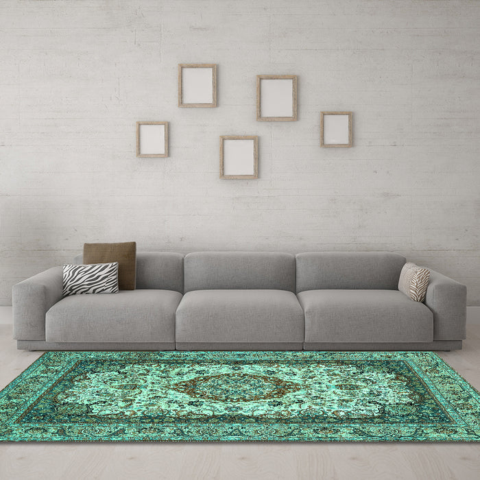 Machine Washable Medallion Turquoise Traditional Area Rugs in a Living Room,, wshtr420turq