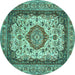 Round Machine Washable Medallion Turquoise Traditional Area Rugs, wshtr420turq