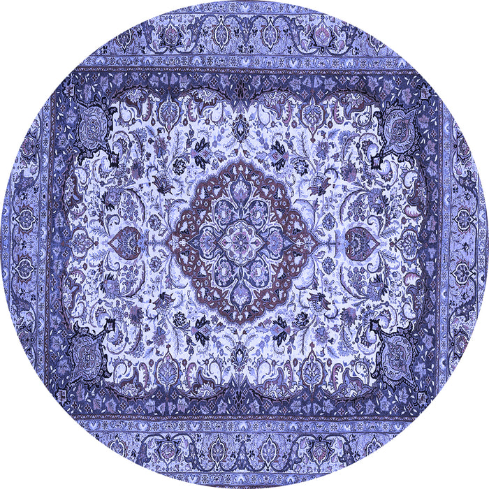 Round Machine Washable Medallion Blue Traditional Rug, wshtr420blu