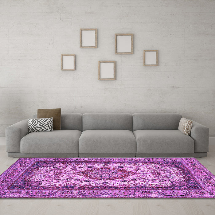 Machine Washable Medallion Purple Traditional Area Rugs in a Living Room, wshtr420pur