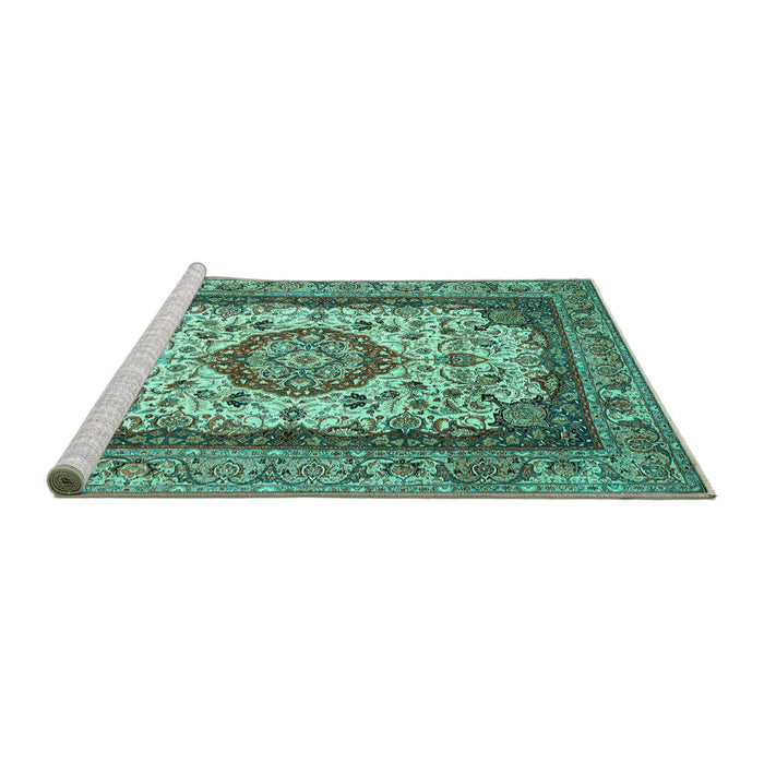 Sideview of Machine Washable Medallion Turquoise Traditional Area Rugs, wshtr420turq
