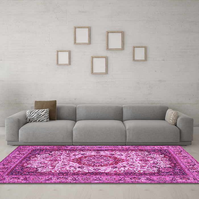 Machine Washable Medallion Pink Traditional Rug in a Living Room, wshtr420pnk