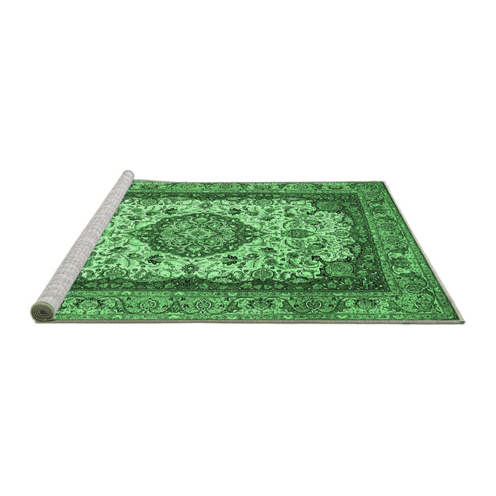 Sideview of Machine Washable Medallion Emerald Green Traditional Area Rugs, wshtr420emgrn