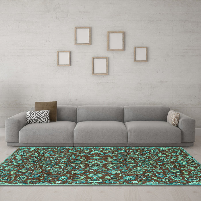 Machine Washable Persian Turquoise Traditional Area Rugs in a Living Room,, wshtr4210turq