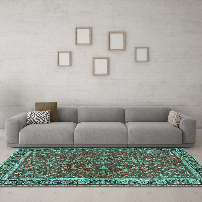 Machine Washable Persian Turquoise Traditional Area Rugs in a Living Room,, wshtr4211turq