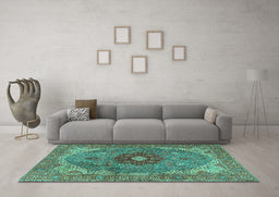 Machine Washable Medallion Turquoise Traditional Area Rugs in a Living Room,, wshtr4212turq