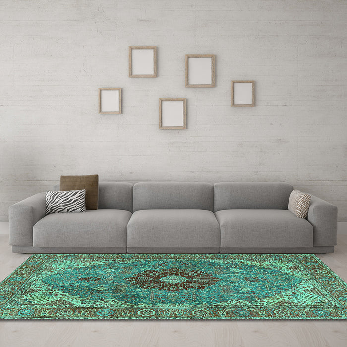 Machine Washable Medallion Turquoise Traditional Area Rugs in a Living Room,, wshtr4212turq