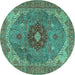 Round Machine Washable Medallion Turquoise Traditional Area Rugs, wshtr4212turq