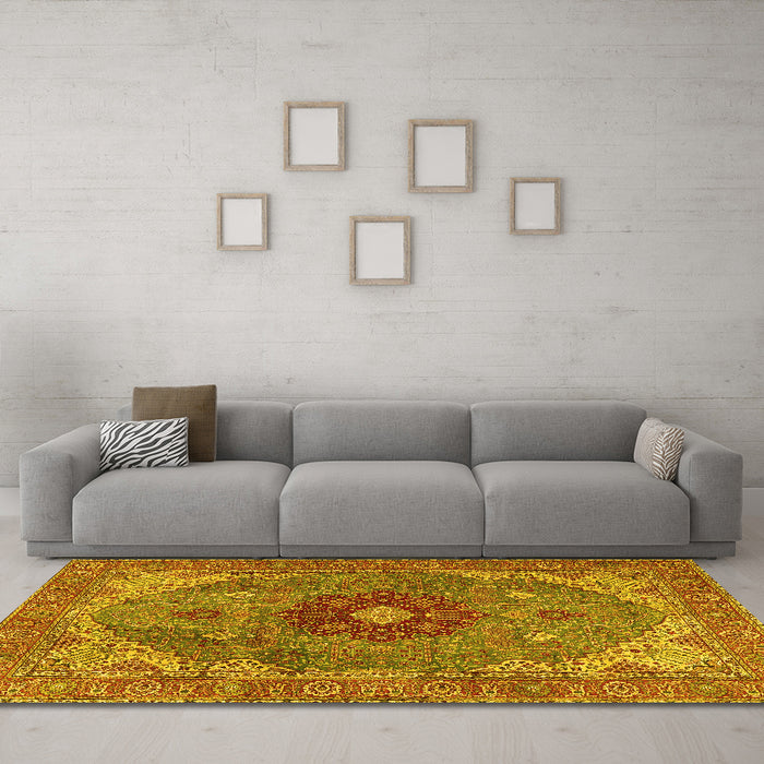 Machine Washable Medallion Yellow Traditional Rug in a Living Room, wshtr4212yw