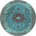 Round Machine Washable Medallion Light Blue Traditional Rug, wshtr4212lblu