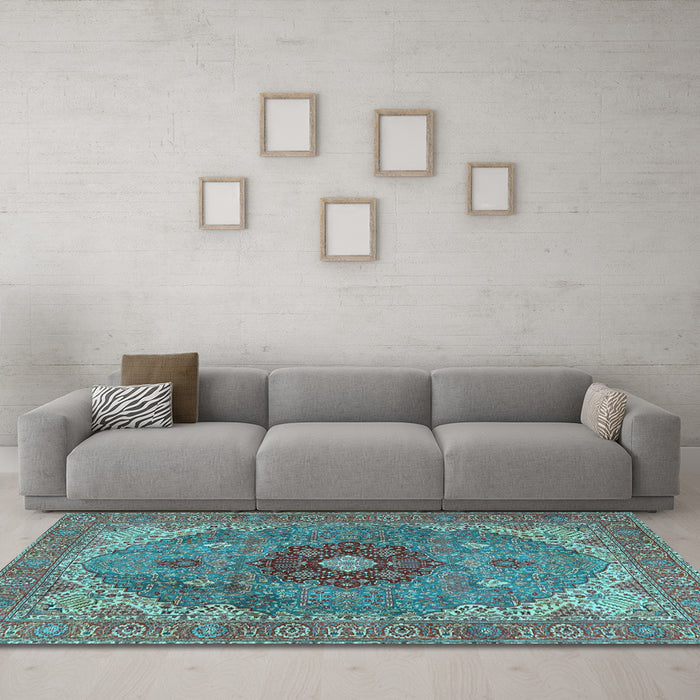 Machine Washable Medallion Light Blue Traditional Rug in a Living Room, wshtr4212lblu
