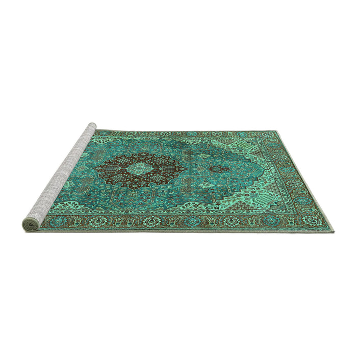 Sideview of Machine Washable Medallion Turquoise Traditional Area Rugs, wshtr4212turq