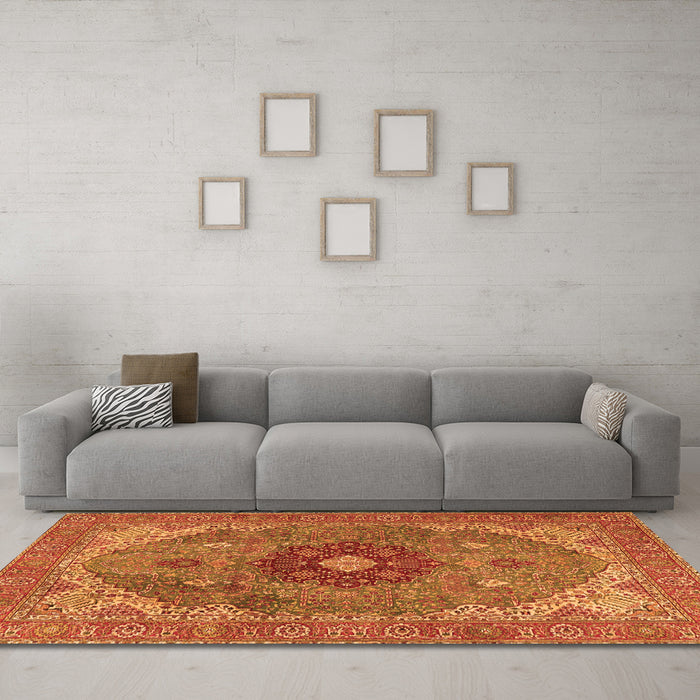Machine Washable Medallion Orange Traditional Area Rugs in a Living Room, wshtr4212org