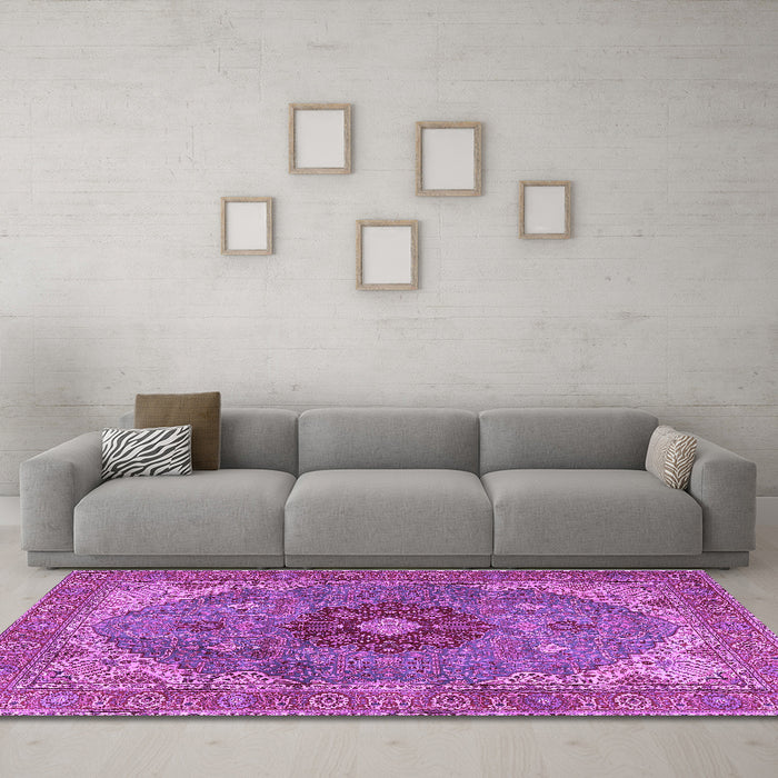 Machine Washable Medallion Purple Traditional Area Rugs in a Living Room, wshtr4212pur
