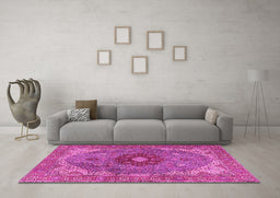 Machine Washable Medallion Pink Traditional Rug in a Living Room, wshtr4212pnk