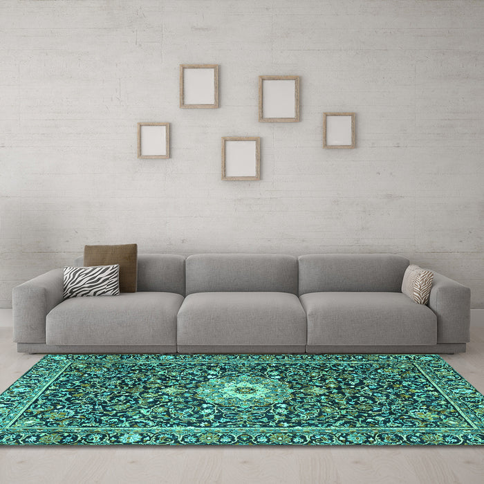 Machine Washable Persian Turquoise Traditional Area Rugs in a Living Room,, wshtr4213turq