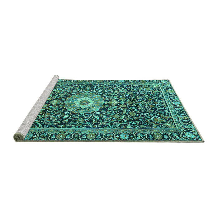 Sideview of Machine Washable Persian Turquoise Traditional Area Rugs, wshtr4213turq