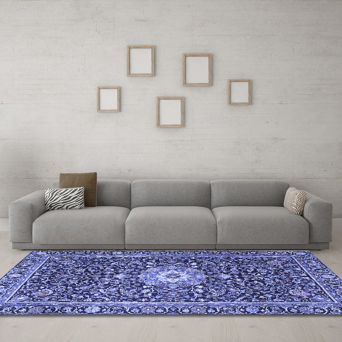 Machine Washable Persian Blue Traditional Rug in a Living Room, wshtr4213blu