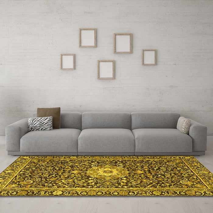 Machine Washable Persian Yellow Traditional Rug in a Living Room, wshtr4213yw