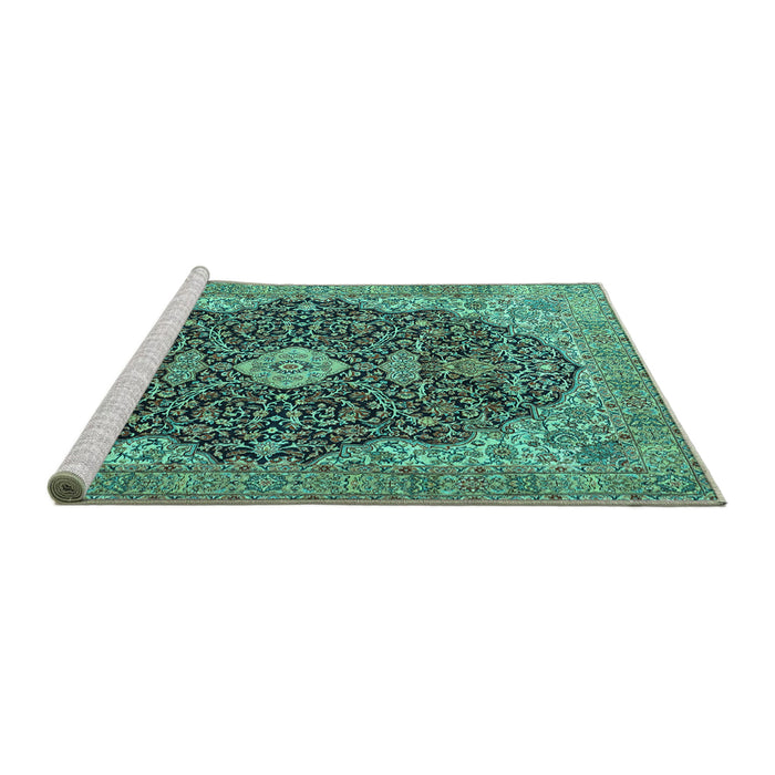 Sideview of Machine Washable Persian Turquoise Traditional Area Rugs, wshtr4214turq