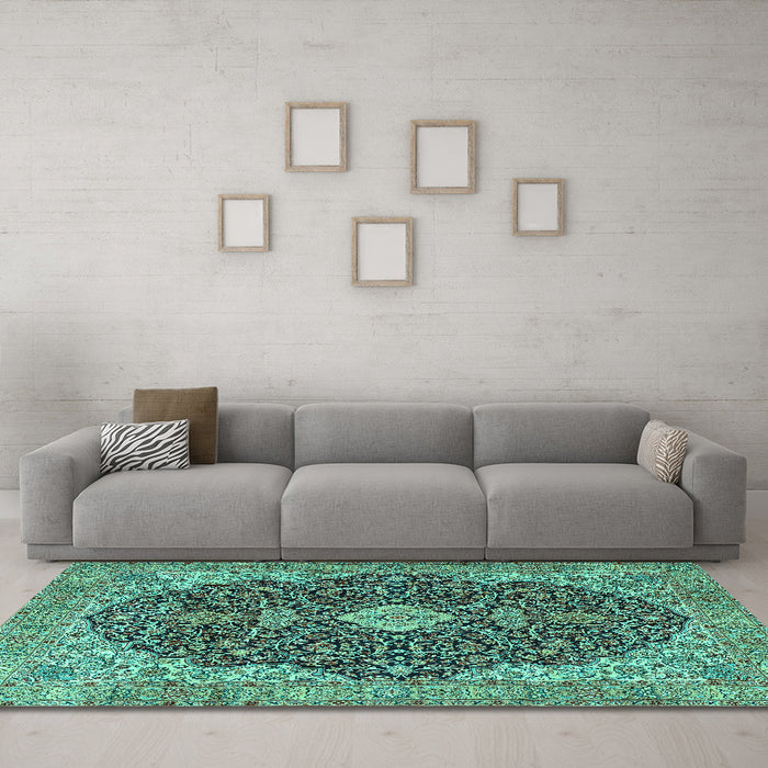 Machine Washable Persian Turquoise Traditional Area Rugs in a Living Room,, wshtr4214turq