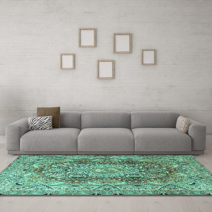 Machine Washable Persian Turquoise Traditional Area Rugs in a Living Room,, wshtr4215turq