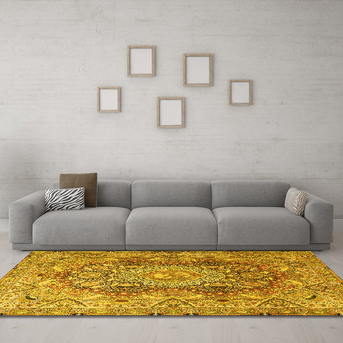Machine Washable Persian Yellow Traditional Rug in a Living Room, wshtr4215yw