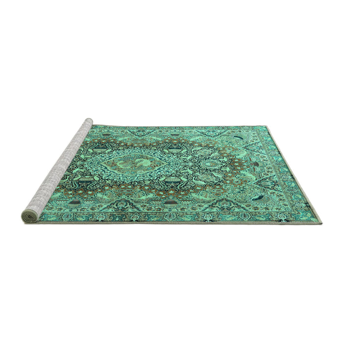 Sideview of Machine Washable Persian Turquoise Traditional Area Rugs, wshtr4215turq