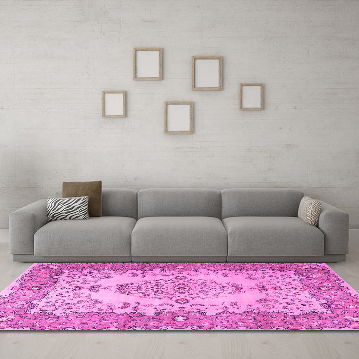 Machine Washable Persian Pink Traditional Rug in a Living Room, wshtr4216pnk