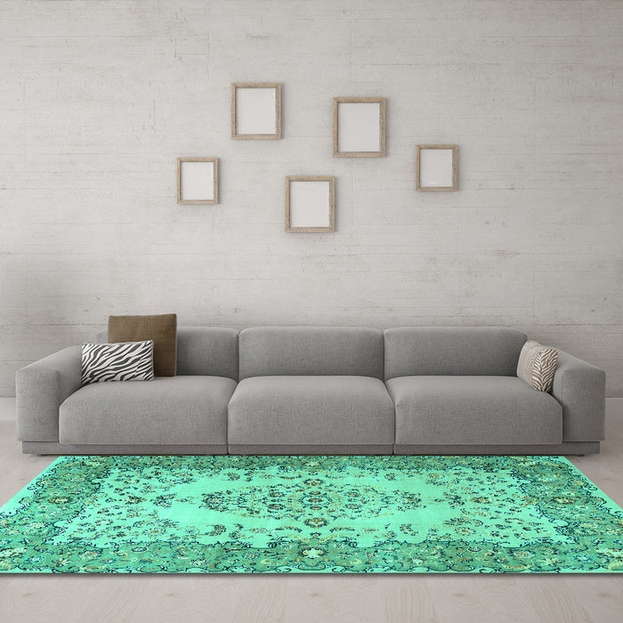 Machine Washable Persian Turquoise Traditional Area Rugs in a Living Room,, wshtr4216turq