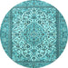 Round Machine Washable Medallion Light Blue Traditional Rug, wshtr4217lblu