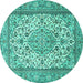 Round Machine Washable Medallion Turquoise Traditional Area Rugs, wshtr4217turq