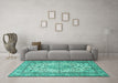 Machine Washable Medallion Turquoise Traditional Area Rugs in a Living Room,, wshtr4217turq