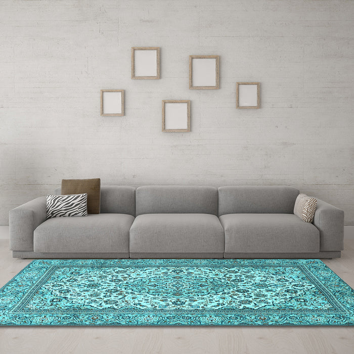 Machine Washable Medallion Light Blue Traditional Rug in a Living Room, wshtr4217lblu