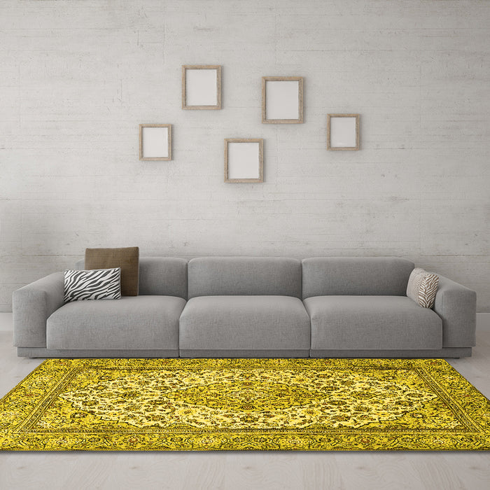 Machine Washable Medallion Yellow Traditional Rug in a Living Room, wshtr4217yw
