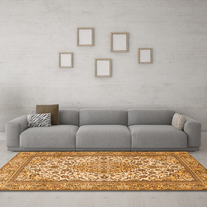 Machine Washable Medallion Orange Traditional Area Rugs in a Living Room, wshtr4217org