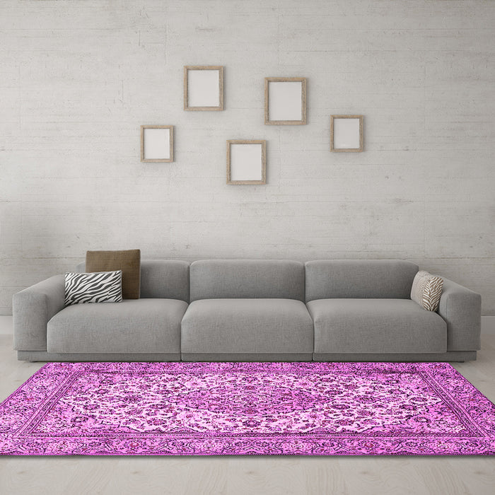 Machine Washable Medallion Pink Traditional Rug in a Living Room, wshtr4217pnk