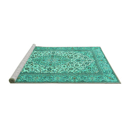 Sideview of Machine Washable Medallion Turquoise Traditional Area Rugs, wshtr4218turq
