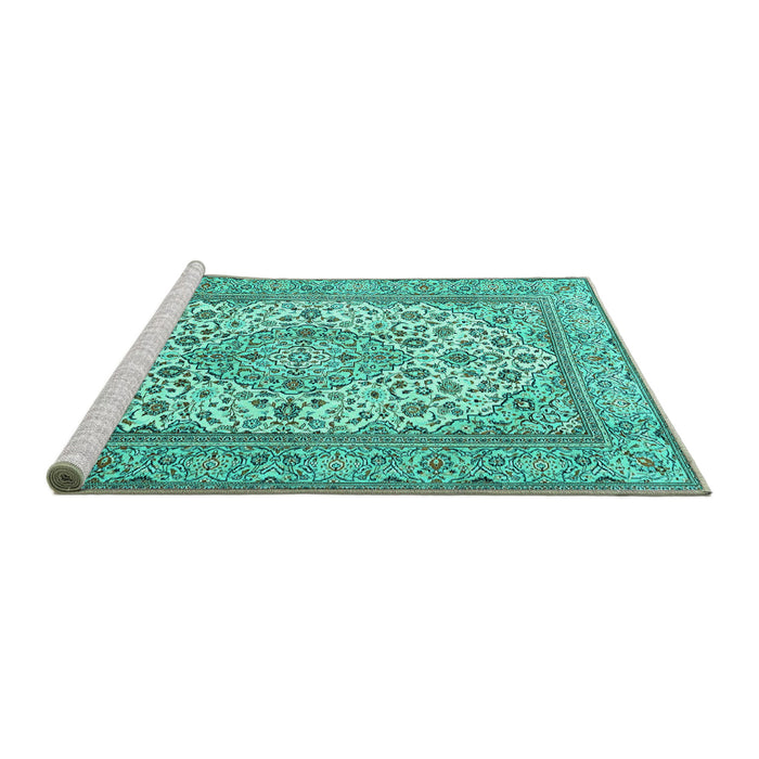 Sideview of Machine Washable Medallion Turquoise Traditional Area Rugs, wshtr4218turq