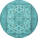 Round Machine Washable Medallion Light Blue Traditional Rug, wshtr4218lblu