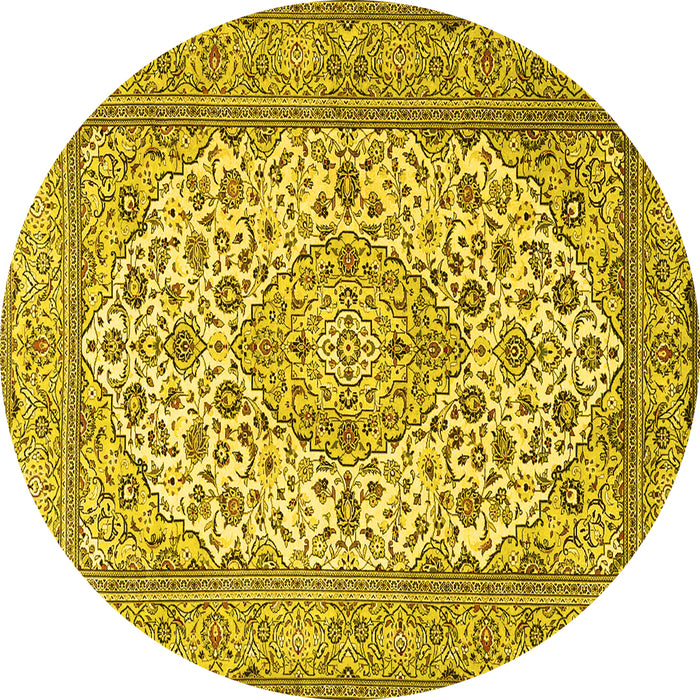 Round Machine Washable Medallion Yellow Traditional Rug, wshtr4218yw