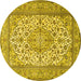 Round Machine Washable Medallion Yellow Traditional Rug, wshtr4218yw