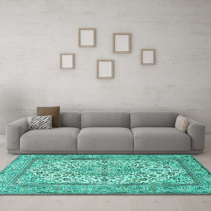 Machine Washable Medallion Turquoise Traditional Area Rugs in a Living Room,, wshtr4218turq