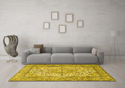 Machine Washable Medallion Yellow Traditional Rug in a Living Room, wshtr4218yw